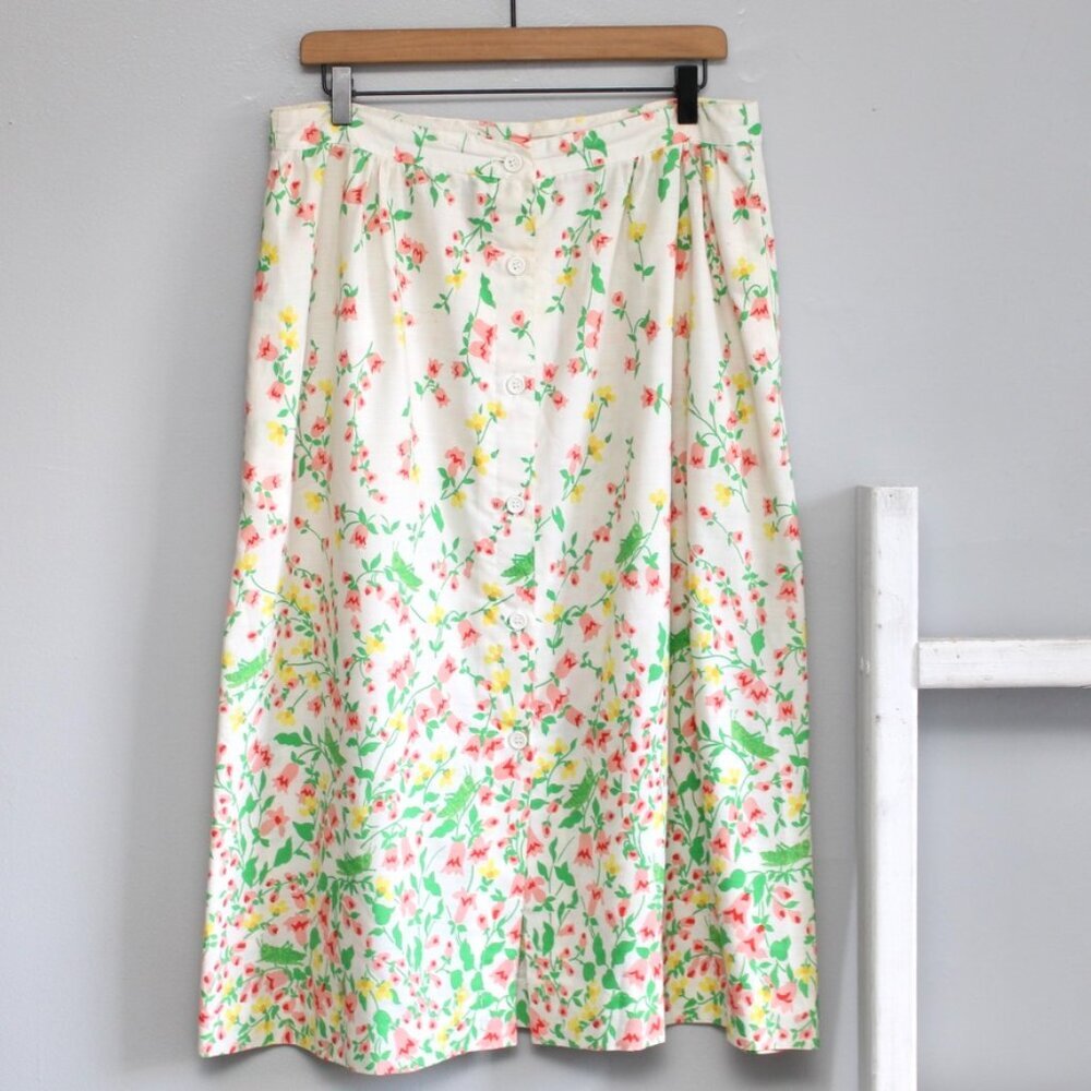 Herman Geist VTG White Grasshopper Floral Print Button Down Midi Skirt Size XL - Picture 1 of 7